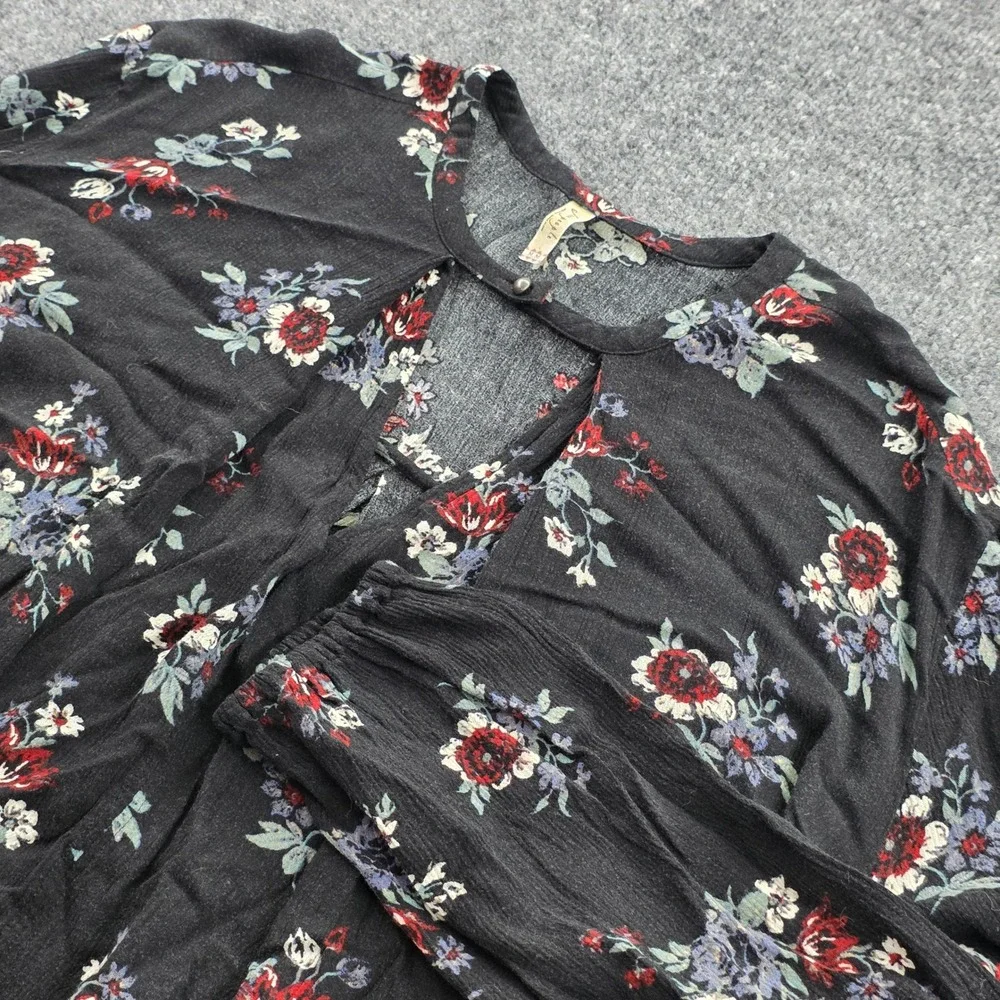 Free People Floral Tunic Dress Boho Keyhole Babydoll Pockets Medium Black Womens